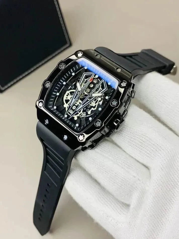 Black Skeleton Chronograph Watch Men Luxury Stylish