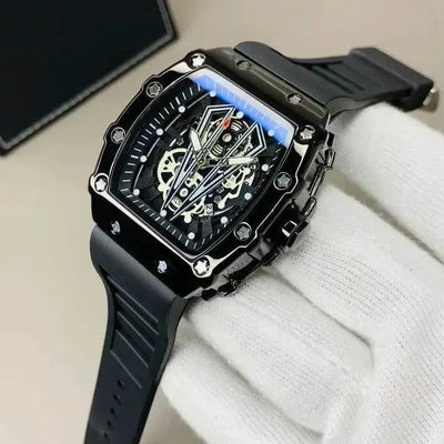Black Skeleton Chronograph Watch Men Luxury Stylish