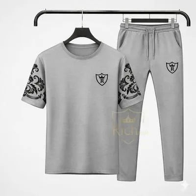 Men Grey Printed Sleeve Slim Fit Summer Track Suit