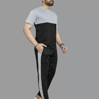 Men Grey Printed Track Suit 2 Pcs Slim Fit