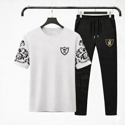 Men Grey Printed Sleeve Slim Fit Summer Track Suit