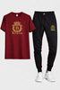 Men Maroon Gold Crest Track Suit Set Slim Fit Cotton Outfit