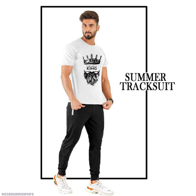 Men Cotton Printed Track Suit White Summer Round Neck