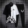 Men's Black Flame Printed Track Suit 2Pcs Slim Fit Summer Wear