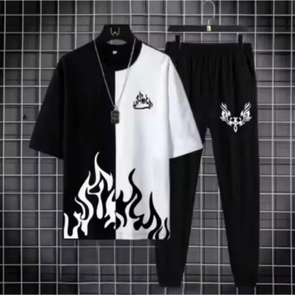 Men's Black Flame Printed Track Suit 2Pcs Slim Fit Summer Wear