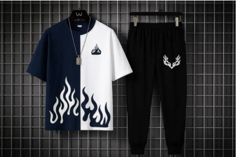Men's Black Flame Printed Track Suit 2Pcs Slim Fit Summer Wear