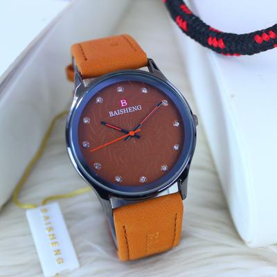 Mens Brown Leather Strap Watch Crystal Dial Elegant