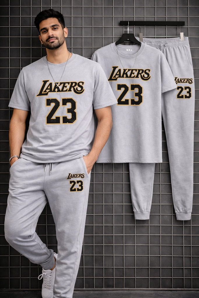 Men Grey Lakers 23 Track Suit Summer 2Pcs Set