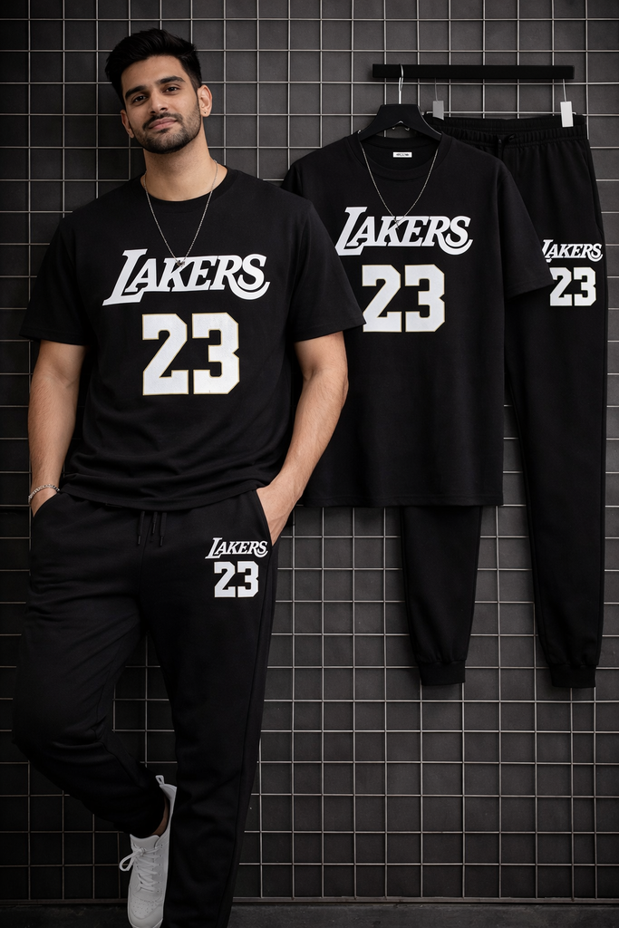 Men Grey Lakers 23 Track Suit Summer 2Pcs Set