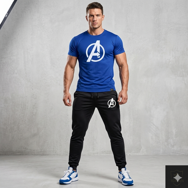 Men Avengers Logo Track Suit Blue Black 2Pcs Set