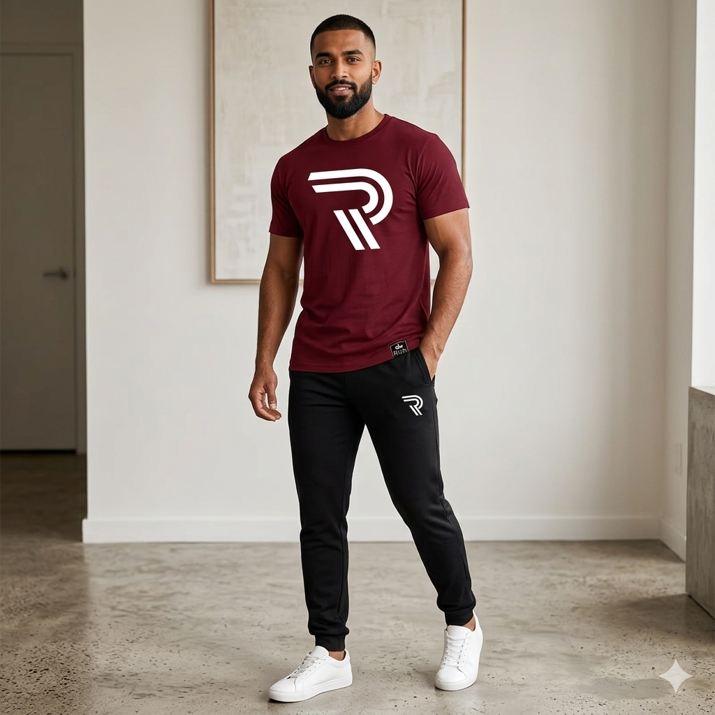 Men Maroon R Logo Cotton Track Suit Set Slim Fit Casual Wear