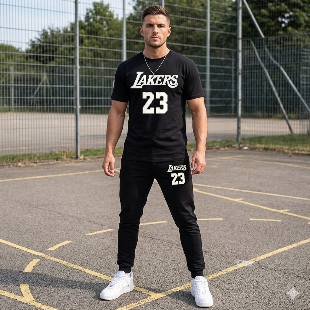 Men Grey Lakers 23 Track Suit Summer 2Pcs Set