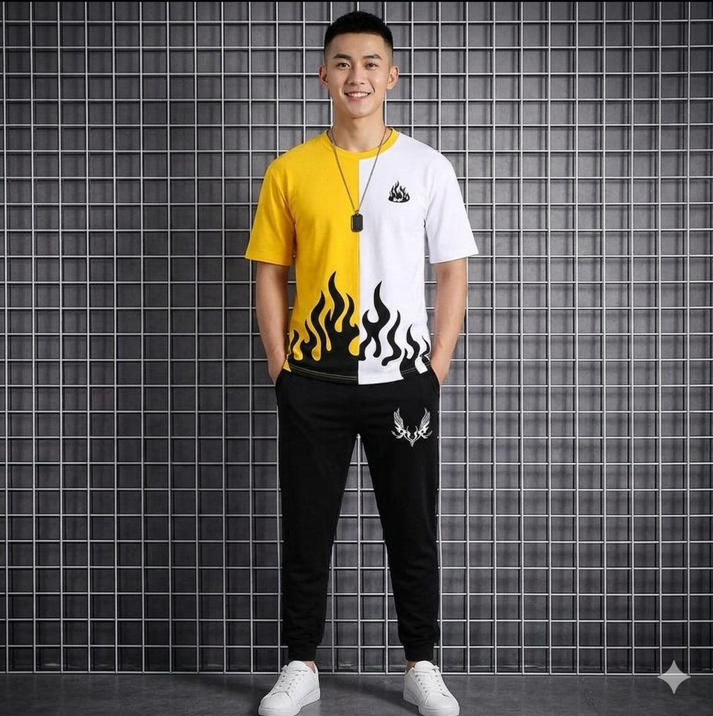 Men's Black Flame Printed Track Suit 2Pcs Slim Fit Summer Wear